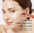 Woman applying a skincare serum to her face with text about Collagen Glow Booster Milk Serum, Medicube Collagen Glow Booster Serum 15ml