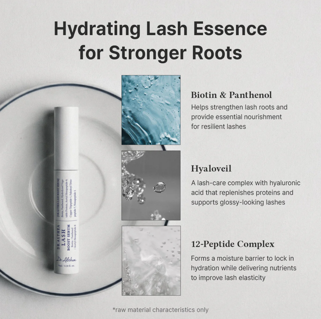 Hydrating Lash Essence product with ingredients and benefits on a gray background, DR.ALTHEA Lash Boost Serum 9ml