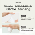 Product advertisement for rich lather and soft fluffy bubbles for gentle cleansing with text and images of hands holding the product, MENOKIN Cotton Cloud Bubble Cleanser [Pore Clear] 150ml