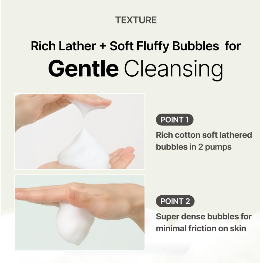 Product advertisement for rich lather and soft fluffy bubbles for gentle cleansing with text and images of hands holding the product, MENOKIN Cotton Cloud Bubble Cleanser [Pore Clear] 150ml