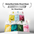 Sheet masks with various ingredients on a white background, labeled as global best seller for 13 consecutive years, Mediheal Teatree Mask 10+1