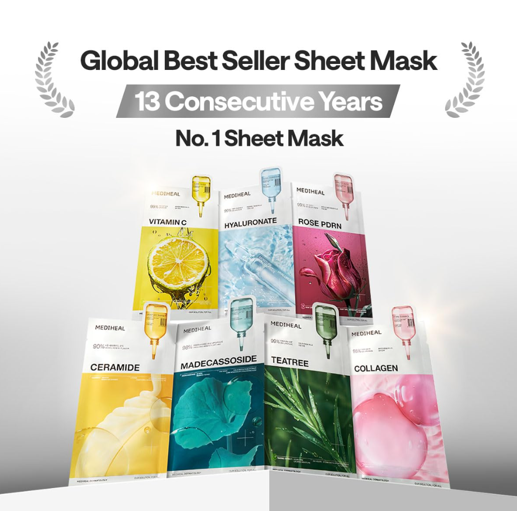 Sheet masks with various ingredients on a white background, labeled as global best seller for 13 consecutive years, Mediheal Teatree Mask 10+1