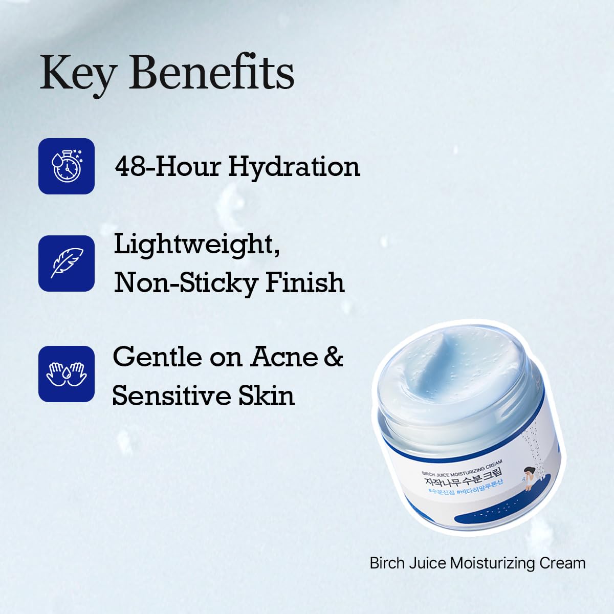 Birch Juice Moisturizing Cream with key benefits listed on a light blue background, Round lab Birch Juice Moisturizing Cream 80ml