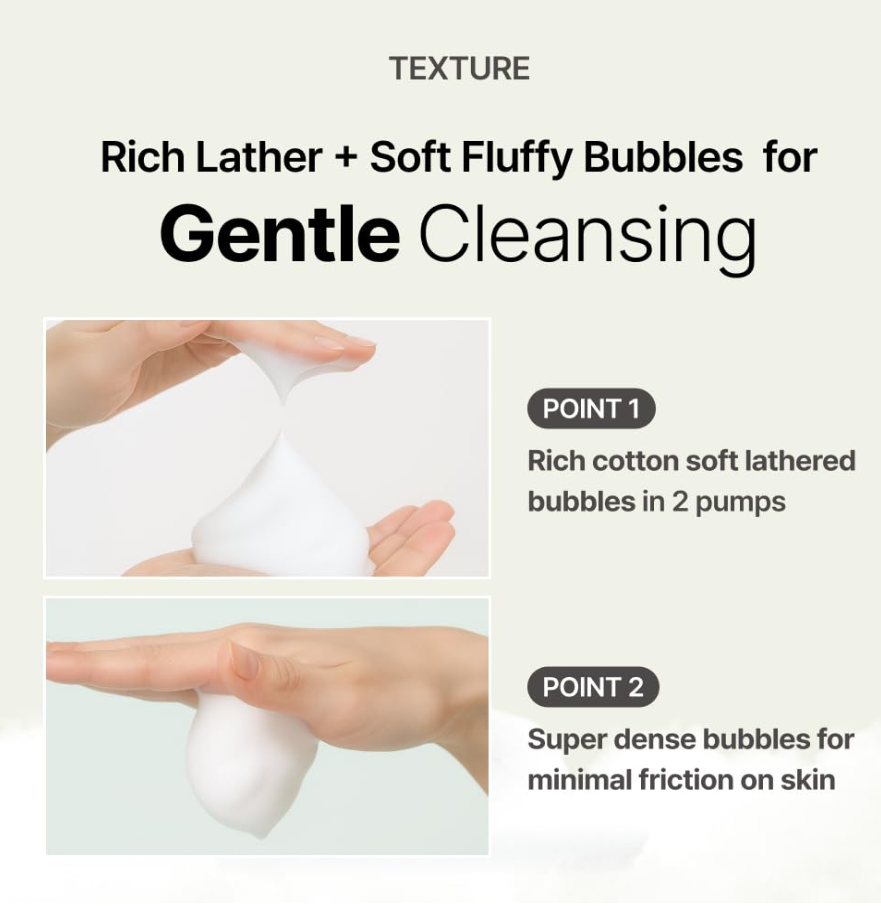 Product packaging with text about rich lather and soft fluffy bubbles for gentle cleansing, MENOKIN Cotton Cloud Bubble Cleanser [Daily Comfort] 150ml