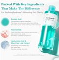 Medicube Activiy Red-Soothing Cleansing Face Wash bottle on a white background with teal text and ingredient callouts for Azelaic Acid, Niacinamide, and Hyaluronic Acid & Aloe Vera Leaf Extract, Medicube Azelaic Acid Niacinamide Clarifying Toner 250ml