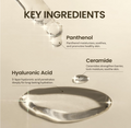 Key ingredients of skincare product with dropper and text on a beige background, ONGREDIENTS Skin Barrier Calming Softener 250ml
