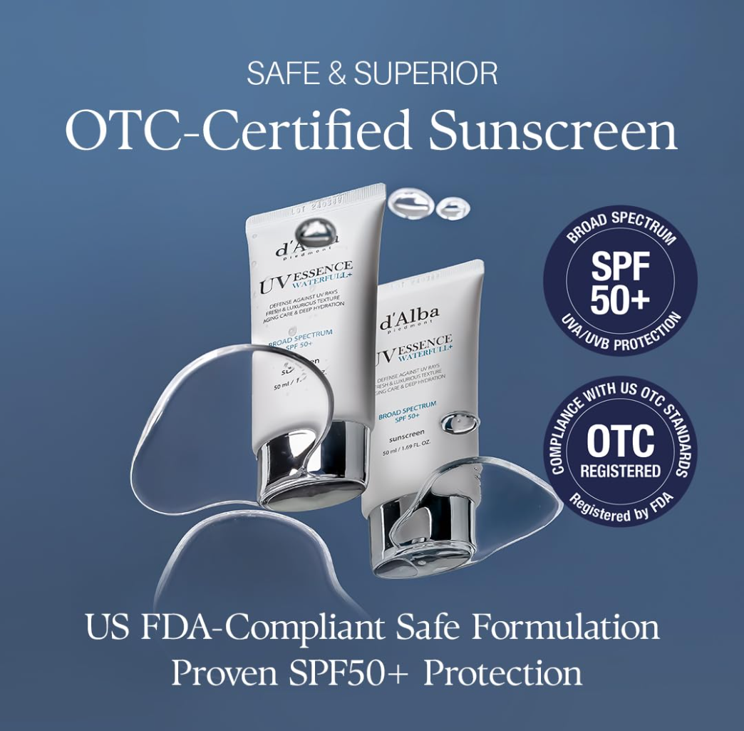 Two sunscreen tubes with branding and certification logos on a blue background, D'Alba UV ESSENCE Waterfull+ Broad Spectrum SPF 50+ 50ml