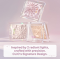 Three CLIO cosmetic products with a pink gradient background and text about their design, Clio Peism Highlighter 2 Fairy Pink 8g