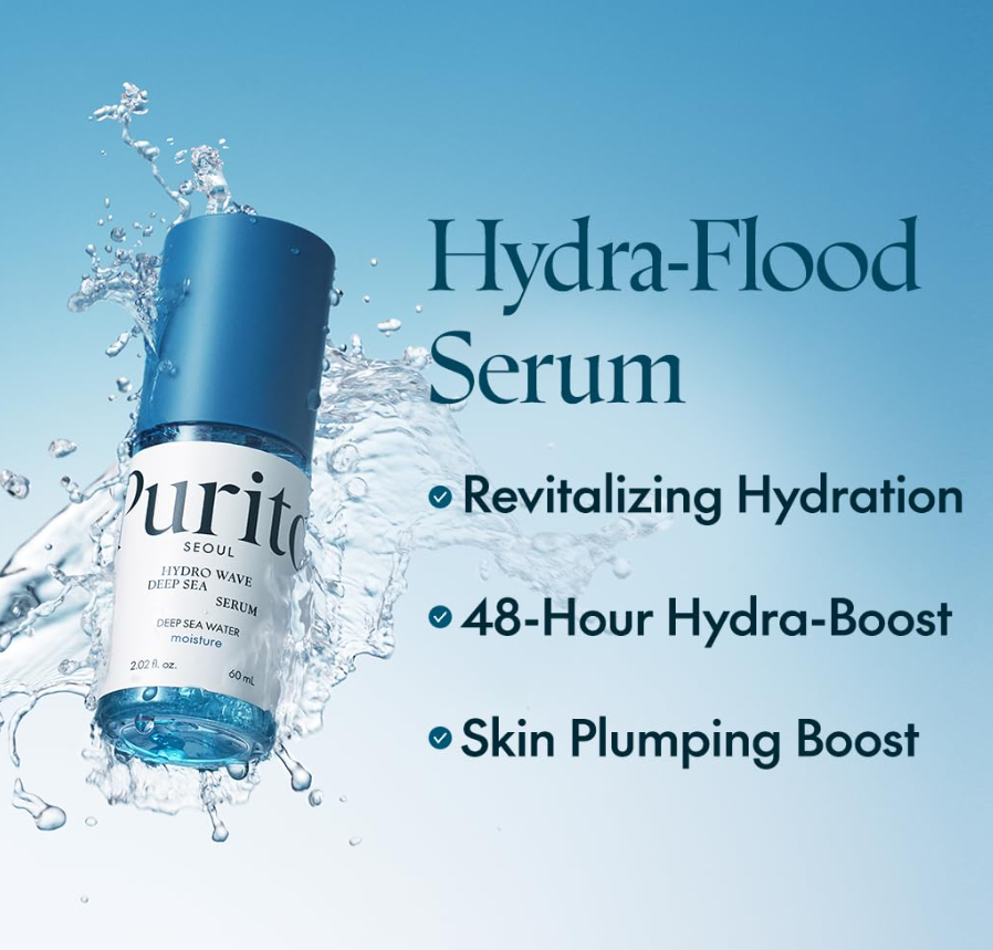 Purito Hydra-Flood Serum bottle with water splashes on a blue background, Purito Seoul hydro Wave Deep Sea serum 60ml