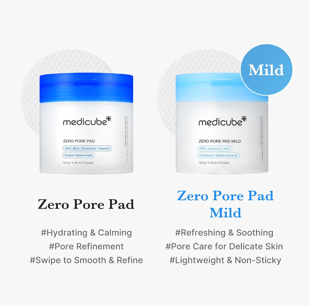 Two containers of Medicube Zero Pore Pad with text describing their features on a white background, Medicube Zero Pore Pad Mild 155g 70 pads