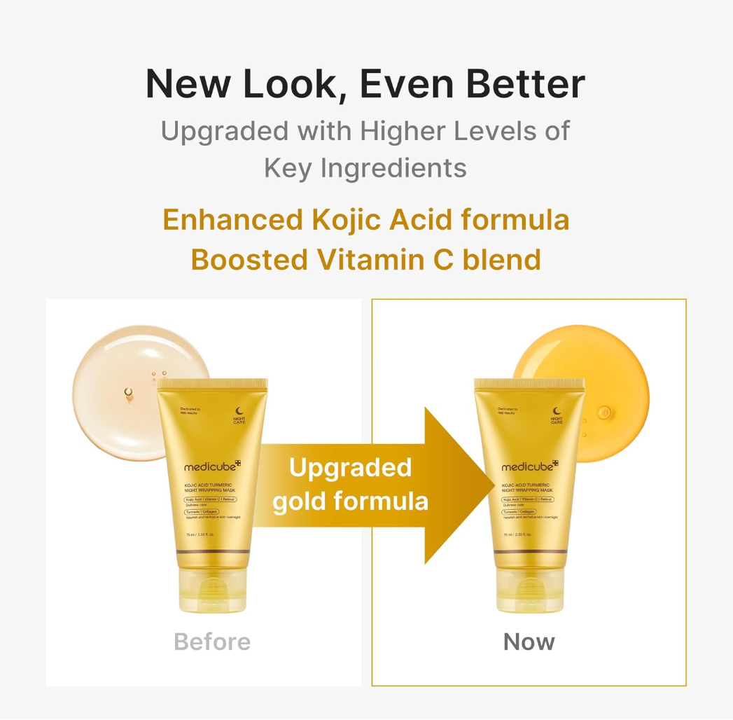 Cosmetic product with 'medicube' branding, showing 'Before' and 'Now' comparison on a light gray background, Medicube Kojic Acid Turmeric Night Wrapping Mask 75ml