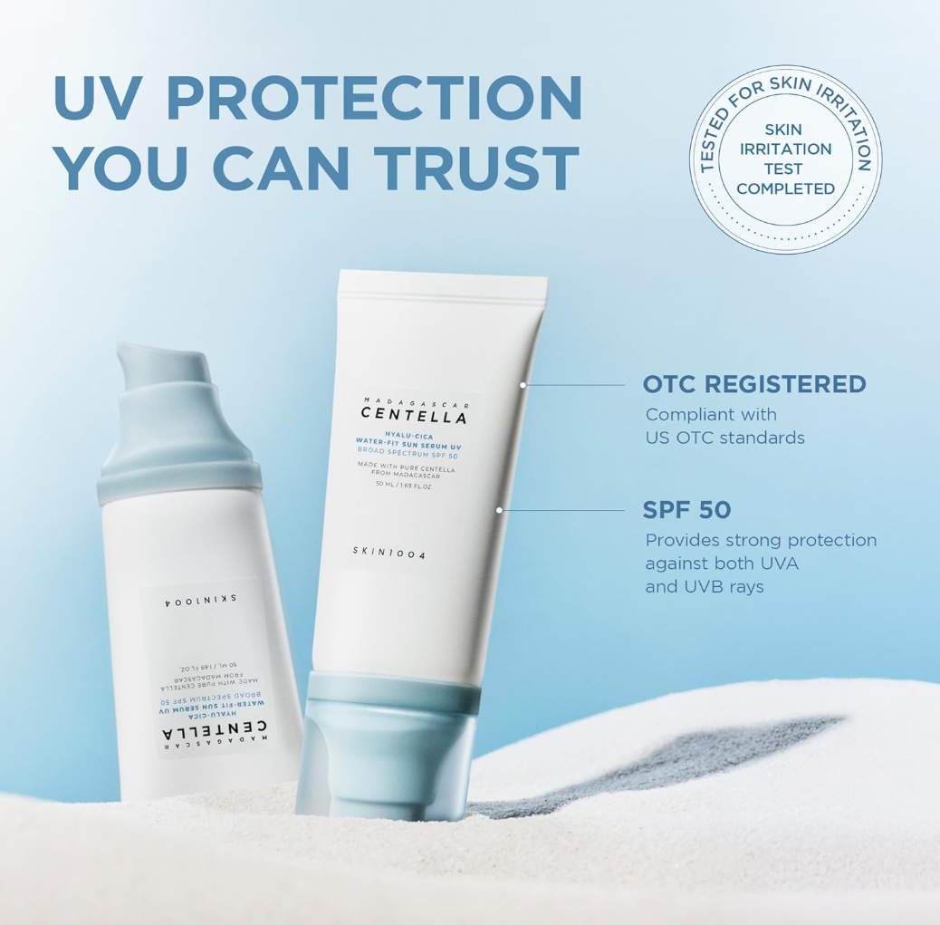 Two skincare products with UV protection text and branding on a light blue background, SKIN1004 Centella Hyalu-Cica Water-Fit Sun Serum UV SPF 50 50ml