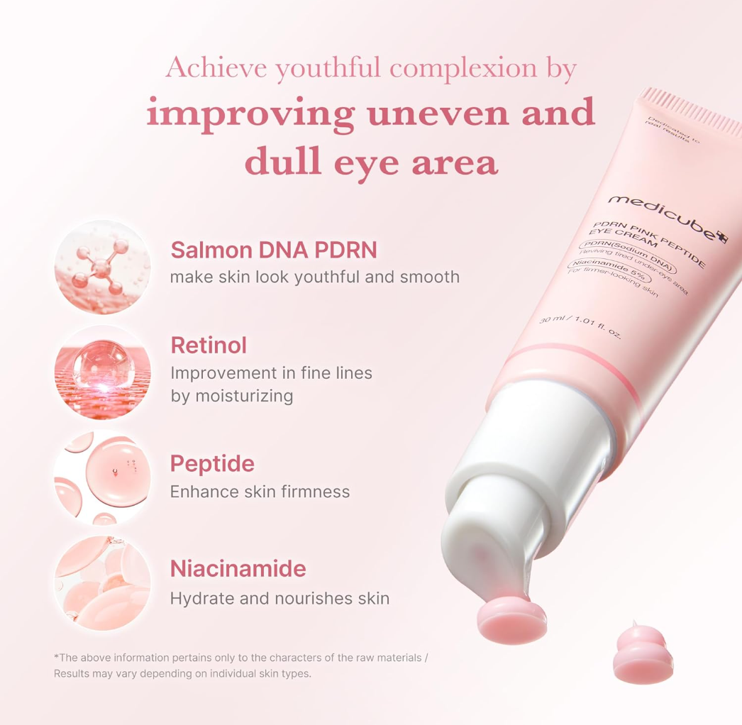 Pink skincare tube with text on a white background, Medicube PDRN Pink Peptide Eye Cream 30ml