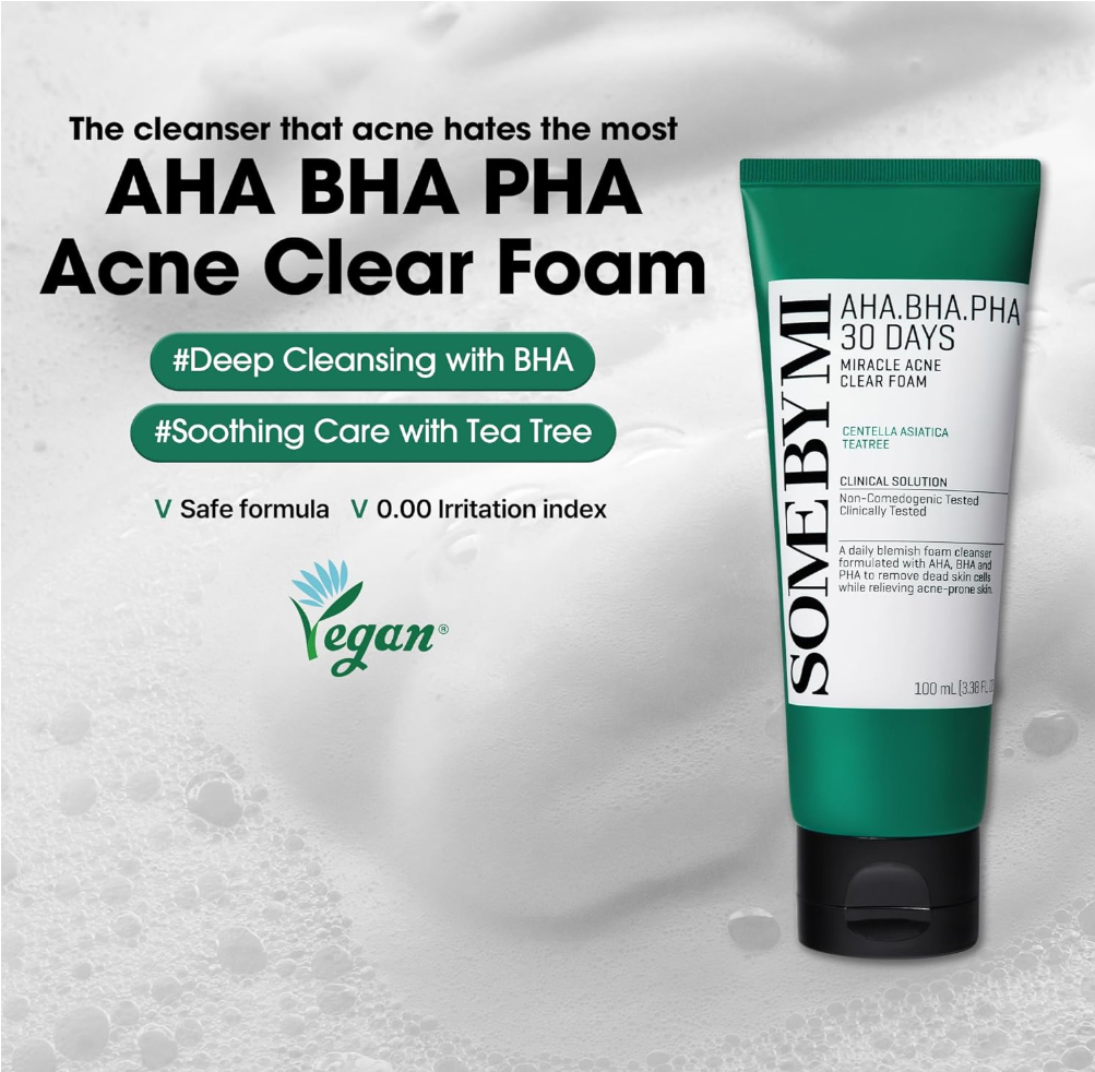 Some By Mi AHA BHA PHA Acne Clear Foam tube on a textured gray , Somebymi AHA.BHA.PHA 30 Days Miracle Acne Clear Foam 100mbackground