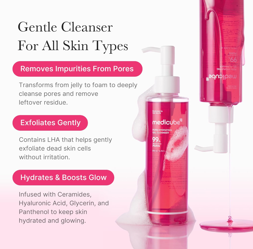 Pink cleanser bottle with pump and text on a white background, Medicube PDRN Hydrating Gel Cleanser 200ml