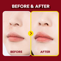 Before and after comparison of lips on a red background, TIRTIR Mask Fit Make-up Fixer