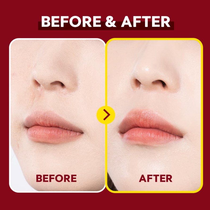 Before and after comparison of lips on a red background, TIRTIR Mask Fit Make-up Fixer