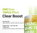 Azelaic Kojic Tea Serum bottle with text highlighting its effects on skin, Purito Azelaic Acid 10 Kojic Tea Tree Serum 30ml