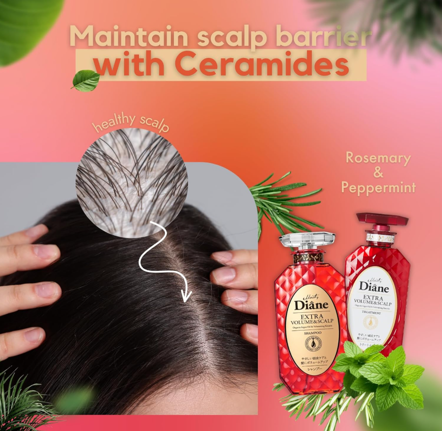 Promotional image for Diane hair care products with a focus on scalp health and ceramides, Diane Perfect Beauty Extra Scalp & Volume Shampoo & Treatment Set 450ml x 2