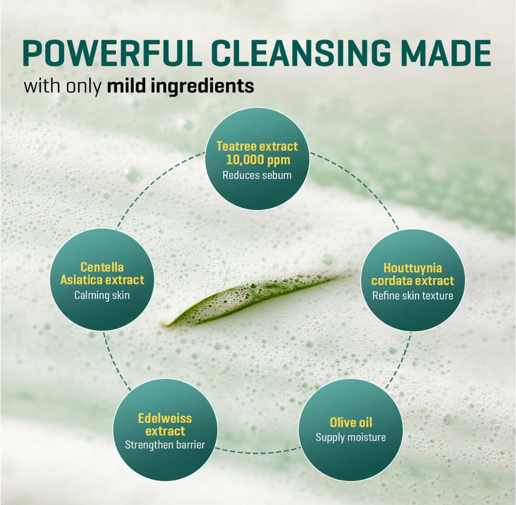 Product advertisement with text 'Powerful Cleansing Made with only mild ingredients' and a leaf graphic on a green background, Somebymi Miracle Cleansing Bar 106g