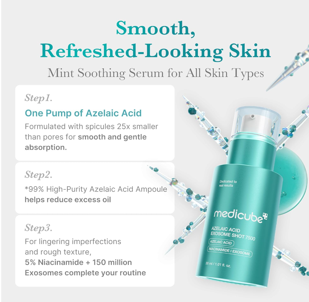 Medicube Azelaic Acid Smoothie Shotro serum bottle in a minty teal color, shown next to a matching circular gel pad on a light gray background with text detailing the three-step azelaic acid treatment process， Medicube Azelaic Acid Exosome Shot 7500 30ml