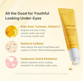 Cosmetic tube with ingredients listed for under-eye treatment on a beige background, MEDICUBE Kojic Acid Turmeric Vita Eye Gel Serum 30ml