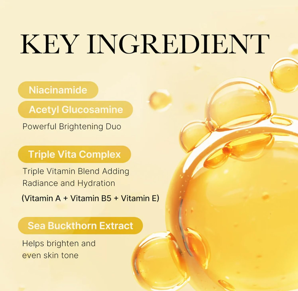 Product packaging with key ingredients listed on a beige background, Medicube Deep Vita C Daily Quick Mask 350g 30 sheets