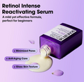 Retinol Intense Reactivating Serum bottle with serum spilling out on a purple background, Somebymi Retionol Intense Reactivating Serum 30ml