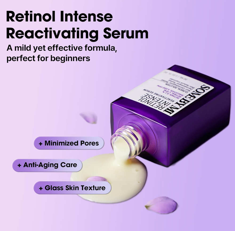 Retinol Intense Reactivating Serum bottle with serum spilling out on a purple background, Somebymi Retionol Intense Reactivating Serum 30ml