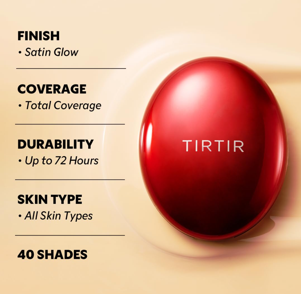 TIRTIR cosmetic compact with red lid and case on a white background, TIRTIR Mask Fit Red Cushion 34W Toffee 18g