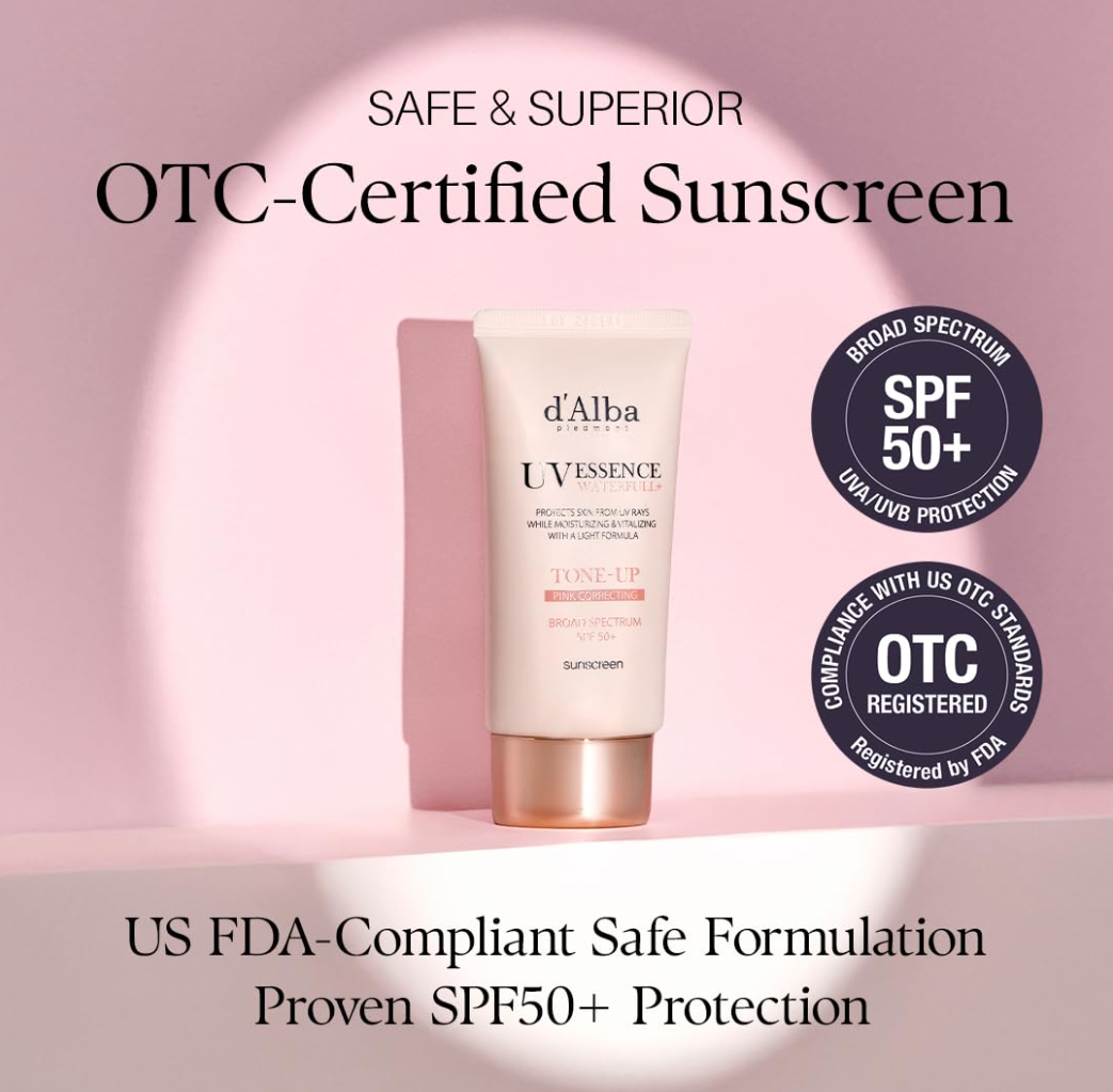 d'Alba sunscreen tube with SPF 50+ certification on a pink background, D'Alba UV Essence Waterfull+ Tone-Up Pink Correcting SPF50 Sunscreen 50ml