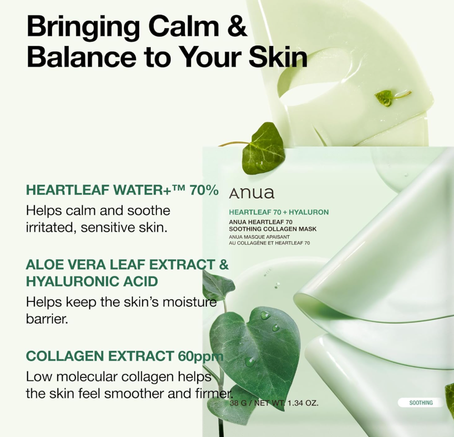 Anua skincare product packaging with green leaves and text about skin benefits, Anua Heartleaf 70 Soothing Collagen Mask 4ea