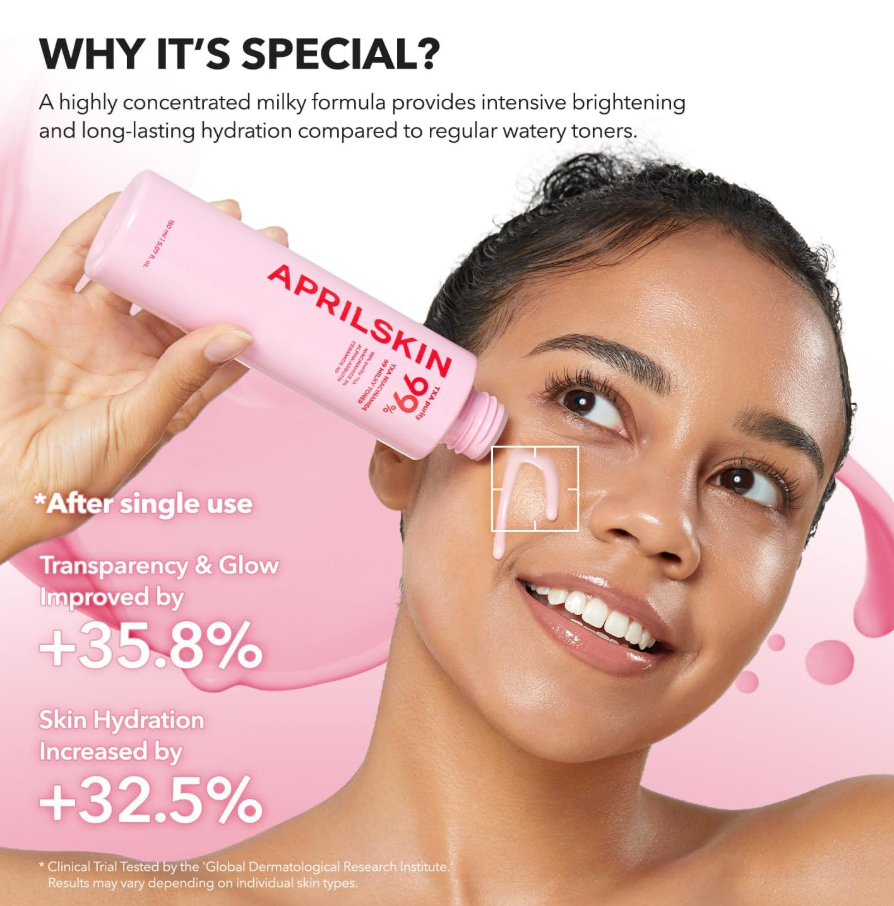 Woman applying APRILSKIN toner with product details and benefits on a pink background, April Skin TXA Niacinamide 99 Milky Toner 150ml