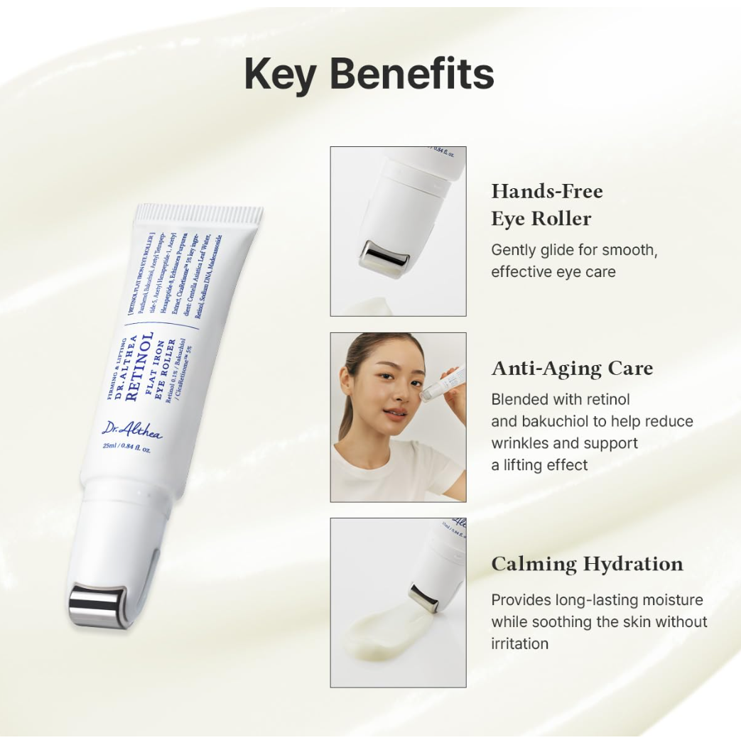Korean skincare product with key benefits listed on a light background, Dr.althea Retinol Flat Iron Eye Roller 25ml