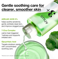 Anua skincare product with green liquid being poured into a glass container, surrounded by green leaves on a white background, Azelaic Acid 3 Cica Skin Clarifying Toner 250ml