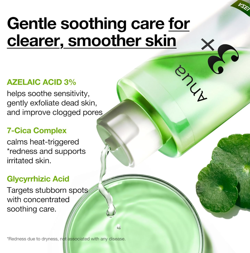 Anua skincare product with green liquid being poured into a glass container, surrounded by green leaves on a white background, Azelaic Acid 3 Cica Skin Clarifying Toner 250ml