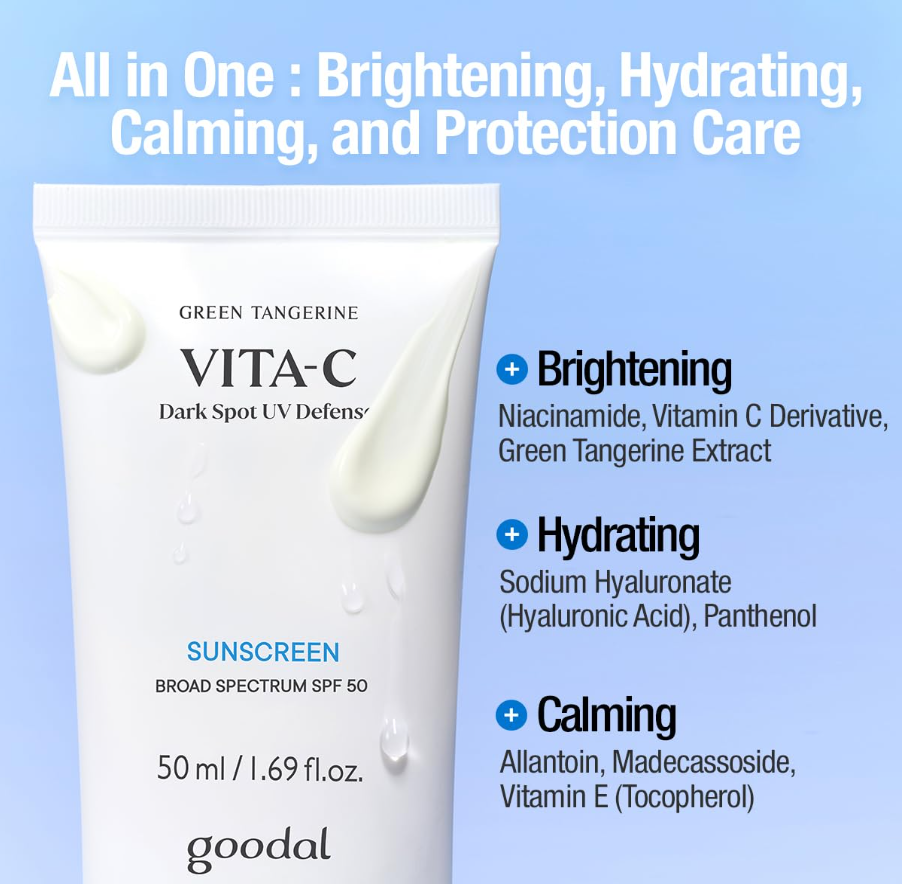 Goodal VITA-C Dark Spot UV Defense cream tube with product benefits on a light blue background, Goodal Green Tangerine Vita C Dark Spot UV Defense Sunscreen Spf 50 50ml