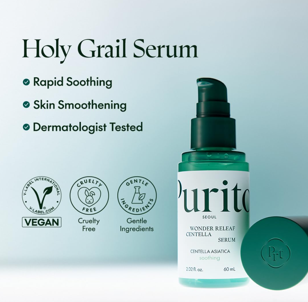 Purito serum bottle with branding and product features on a light blue background, Purito Wonder Releaf Centella Serum 60ml