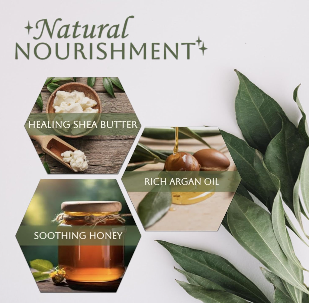 Collage of natural ingredients with 'Natural Nourishment' text, including shea butter, argan oil, and honey, &Honey Melty Moist Repair Japanese Shampoo & Conditioner Set 440ml x2