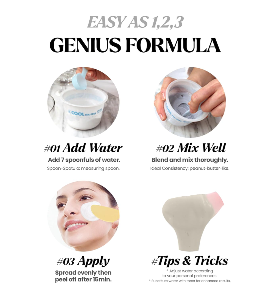 Instructions for using a skincare product with steps and images of application, Lindsay Vitamin Modeling Mask Cup Pack 28g