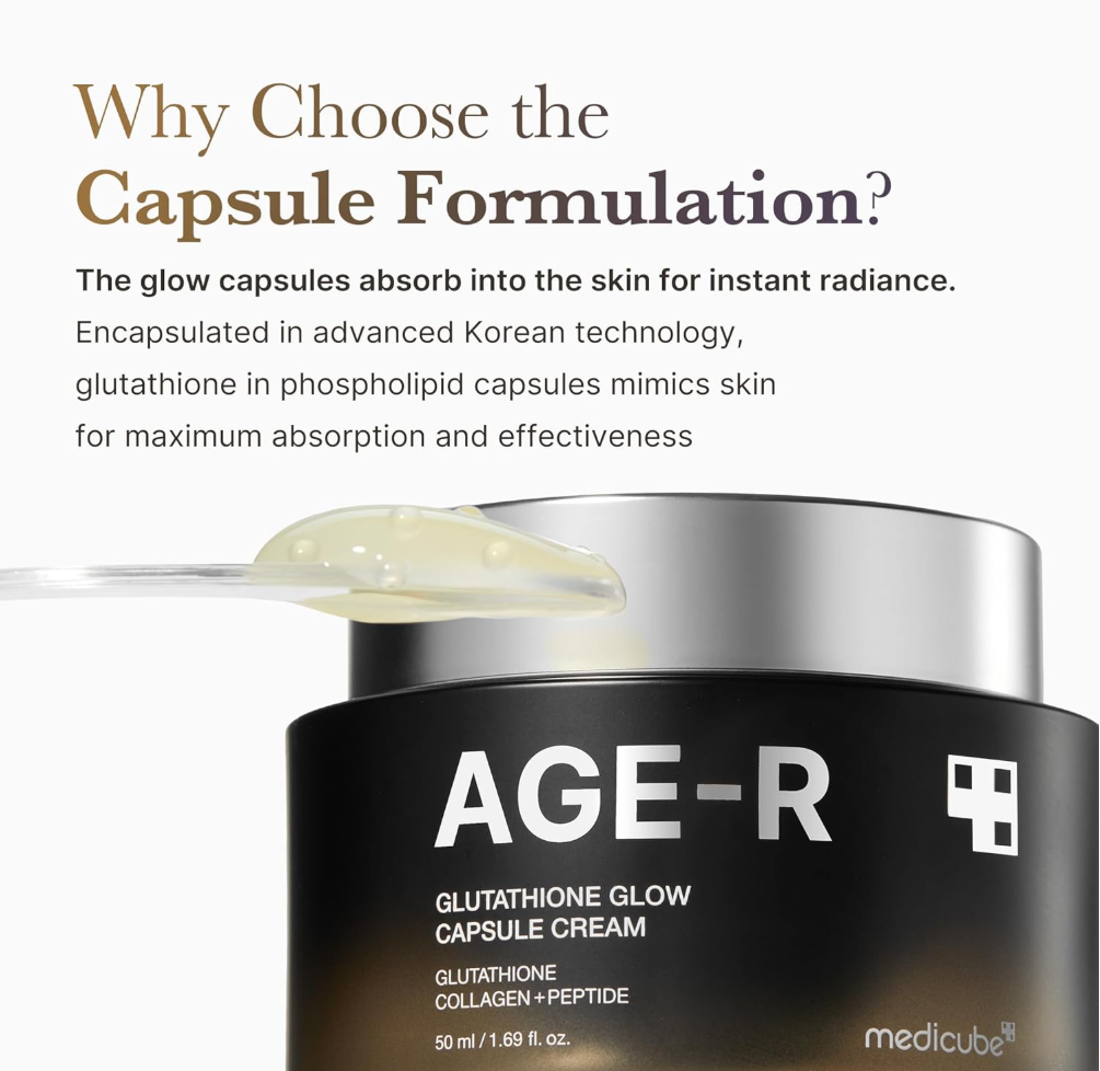 AGE-R Glutathione Glow Capsule Cream with text explaining its benefits, Medicube Age-R Glutathione Glow Capsule Cream 50ml