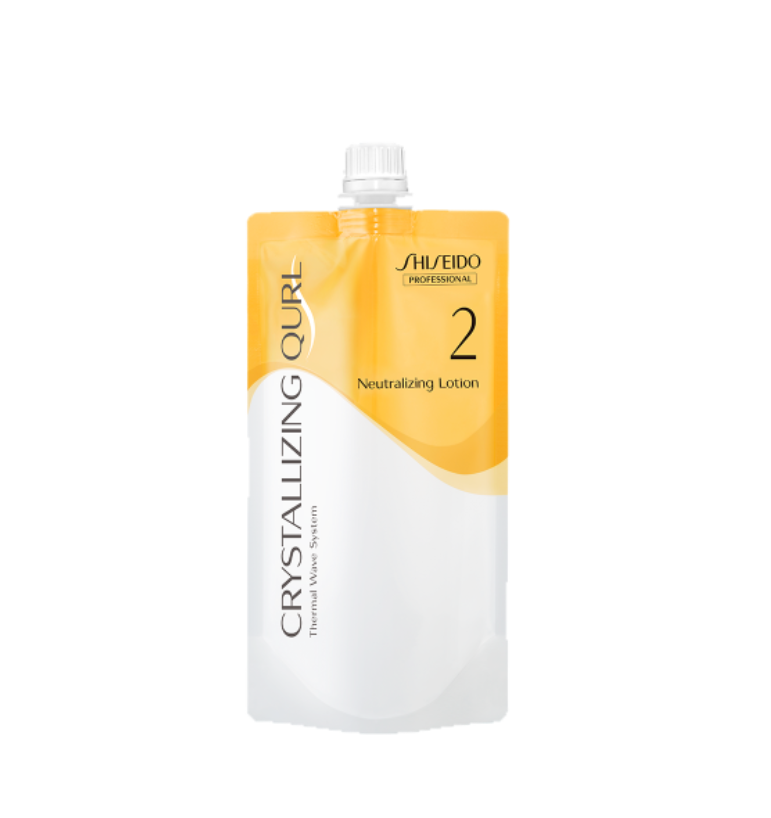 Shiseido Professional Crystallizing Curl 2 Neutralizing Lotion in a flexible stand-up pouch with a white cap, featuring a white and yellow-orange label design.