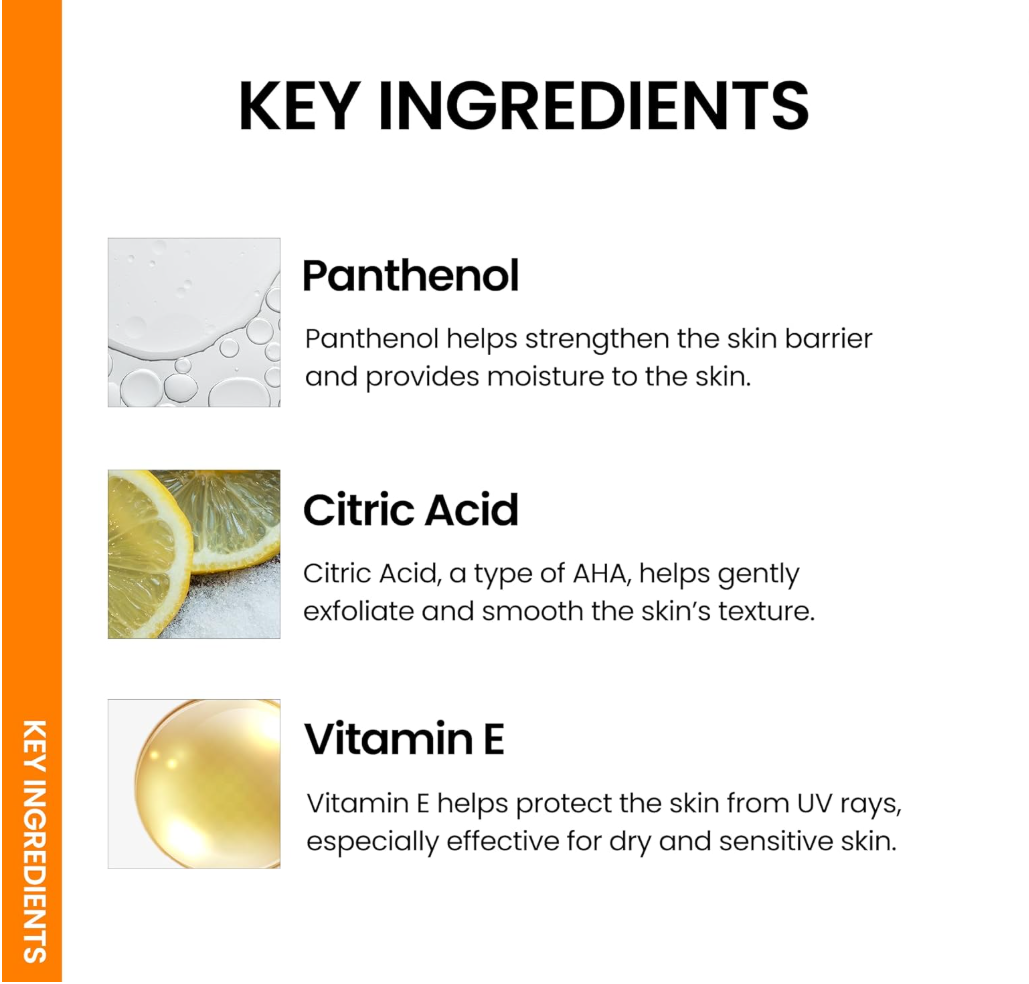 List of key ingredients with images and descriptions on a white background, ONGREDIENTS Skin Barrier Moisture Sunscreen Broad Spectrum SPF 50 50ml