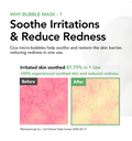 Advertisement for a bubble mask with text and before/after skin color comparison on a white background, MENOKIN 30 Seconds Quick Bubble Mask CLEAR Cicasome 95ml