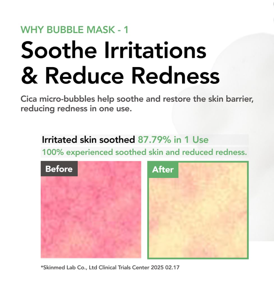 Advertisement for a bubble mask with text and before/after skin color comparison on a white background, MENOKIN 30 Seconds Quick Bubble Mask CLEAR Cicasome 95ml