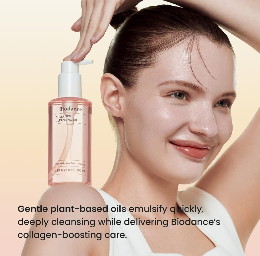 Woman with a bottle of Biodance Collagen Cleansing Oil on a beige background, Biodance Collagen Cleansing Oil 200ml