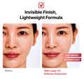Before and after comparison of a woman's face with sunscreen, highlighting 'Invisible Finish, Lightweight Formula' and 'Laser UV Defense Sunscreen', CellFusionC Laser Sunscreen 50ml