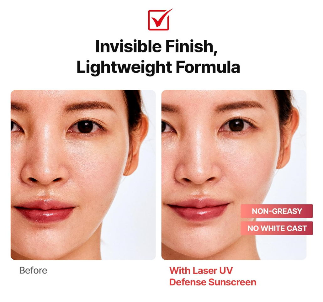 Before and after comparison of a woman's face with sunscreen, highlighting 'Invisible Finish, Lightweight Formula' and 'Laser UV Defense Sunscreen', CellFusionC Laser Sunscreen 50ml