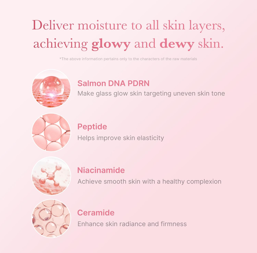 Skincare product description with ingredients on a pink background, Medicube PDRN Pink Niacinamide Milky Toner 150ml