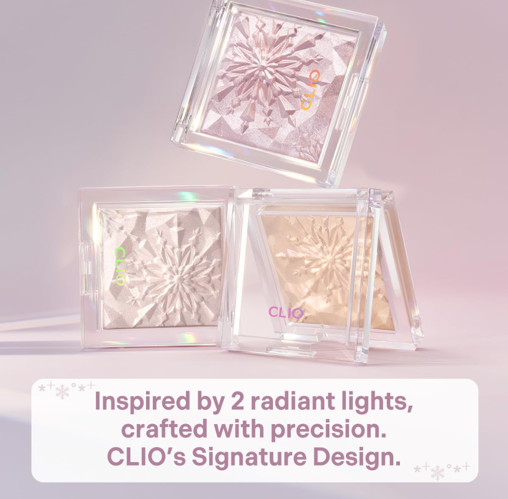 Three cosmetic products with 'CLIO' branding on a light pink background, Clio Prism Highlighter 5 Peach Sapphire 8g